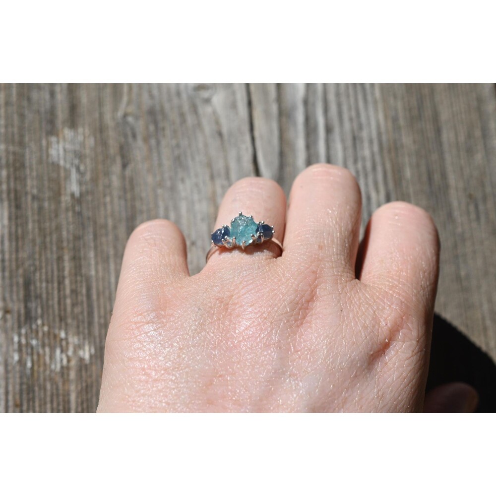 Engagement ring Aquamarine and blue sapphire size 3 4 5 6 7 8 9 10 11 12 13 ova